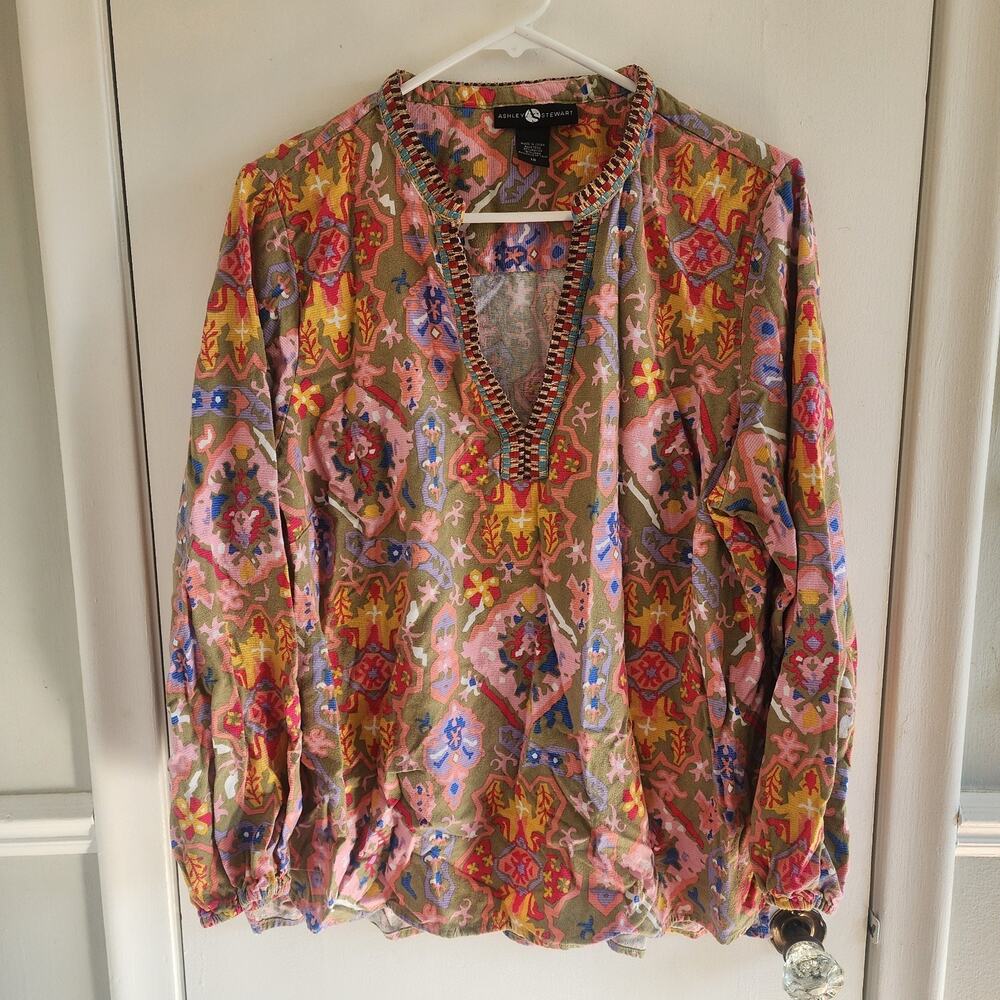 Ashley Stewart Linen Blend Size 18 Top Colorful Bohemian Blouse Plus Hippie